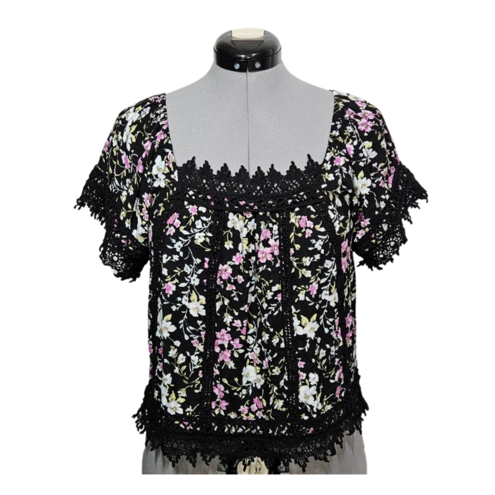 American Rag Women's SIZE S Romantic Whimsigoth Square Neck Dark Floral Blouse